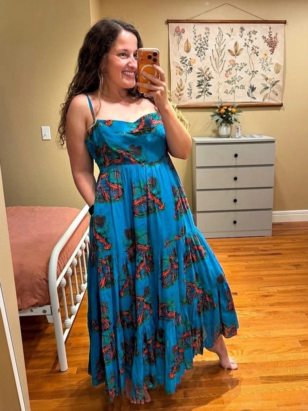 J.Crew Tiered Maxi Dress in Lobster Print Blue & Orange Size 12